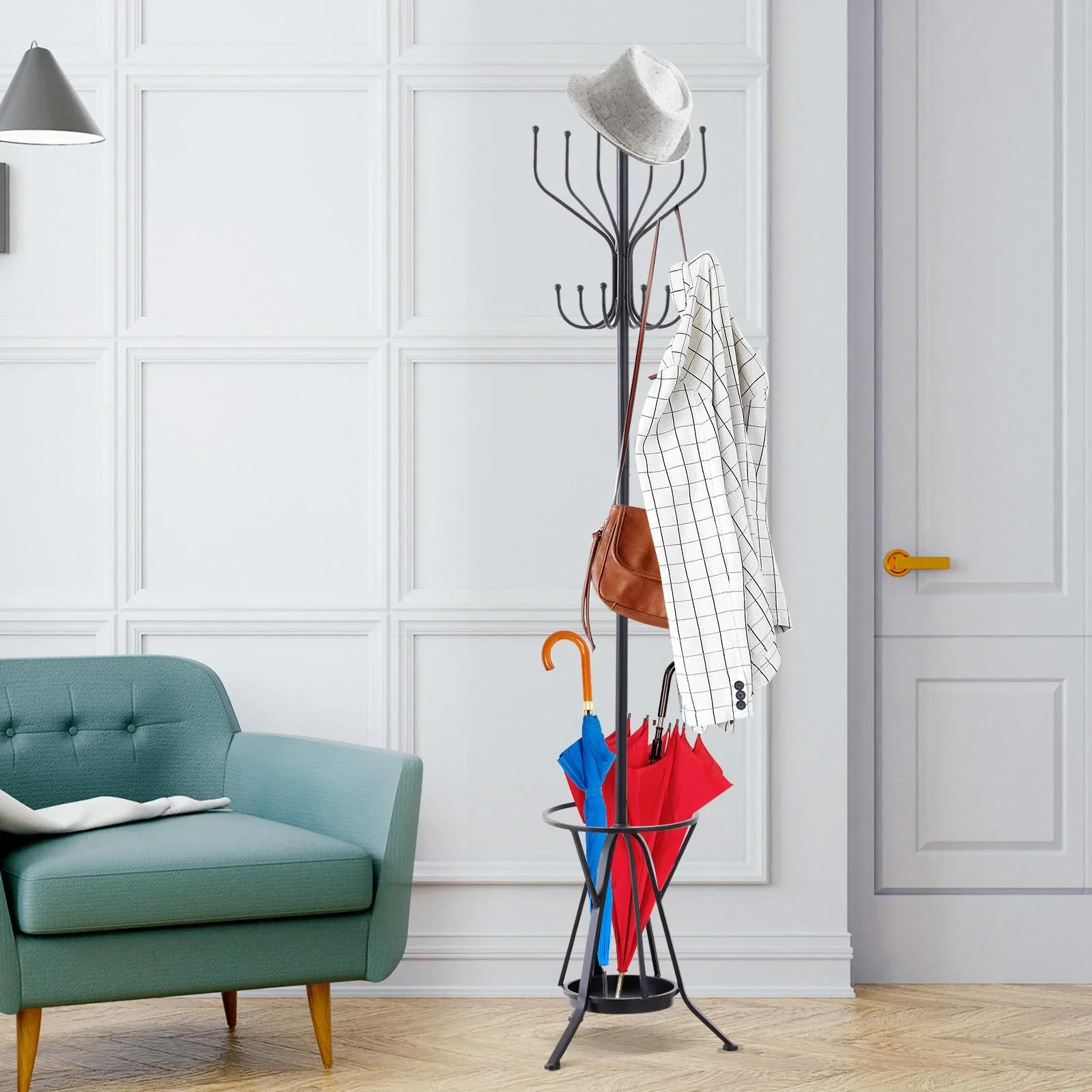 Kleiderständer Garderobeständer mit Schirmständer 12 Haken 6 Schirme Metall Schwarz 34,5 x 34,5 x 180 cm - 4