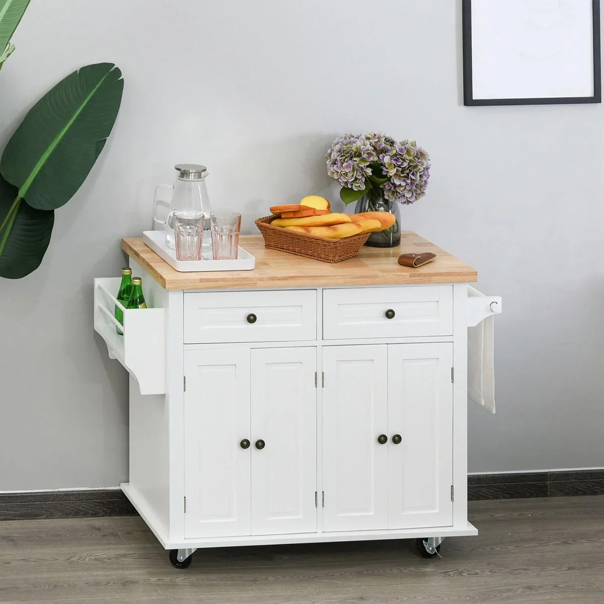 Küchenschrank Küchenregal mit Rollen Schublade und verstellbares Regal Gummiholz MDF Spanplatte Weiß 111 x 44,5 x 82,5 c - 1