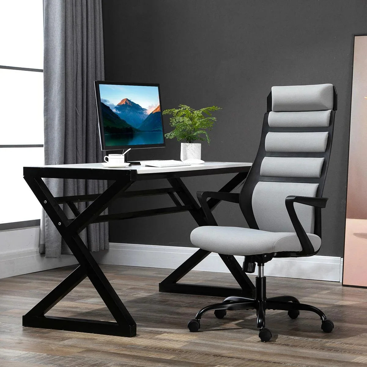 Bürostuhl Ergonomischer Drehstuhl mit Wippenfunktion Armlehne höhenverstellbar Kunstleinen Stahl Grau+Schwarz 60 x 64 x - 0