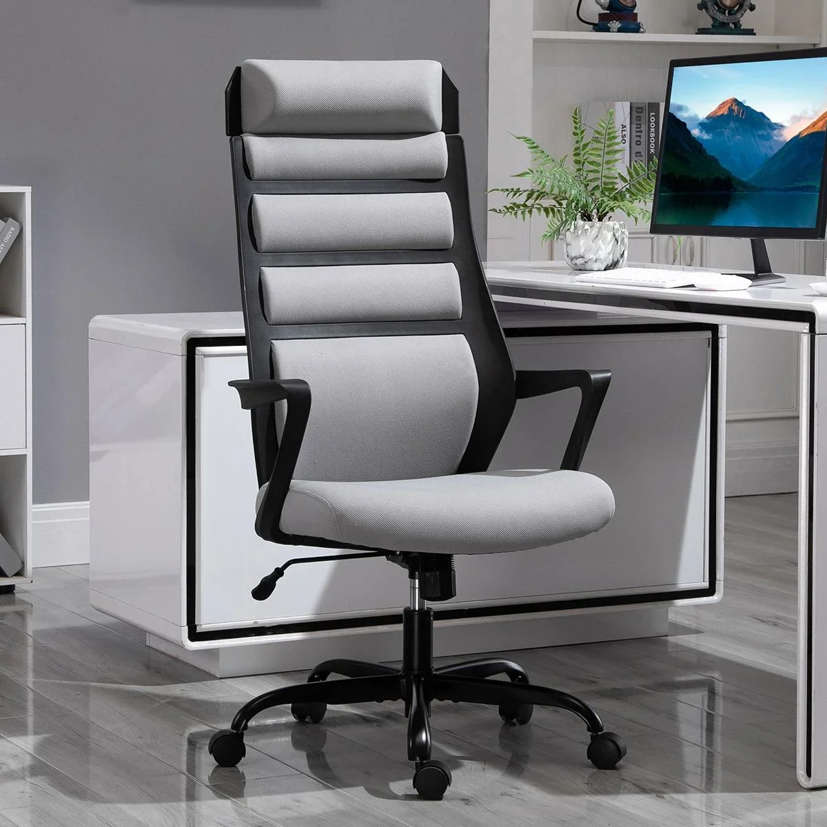 Bürostuhl Ergonomischer Drehstuhl mit Wippenfunktion Armlehne höhenverstellbar Kunstleinen Stahl Grau+Schwarz 60 x 64 x - 2