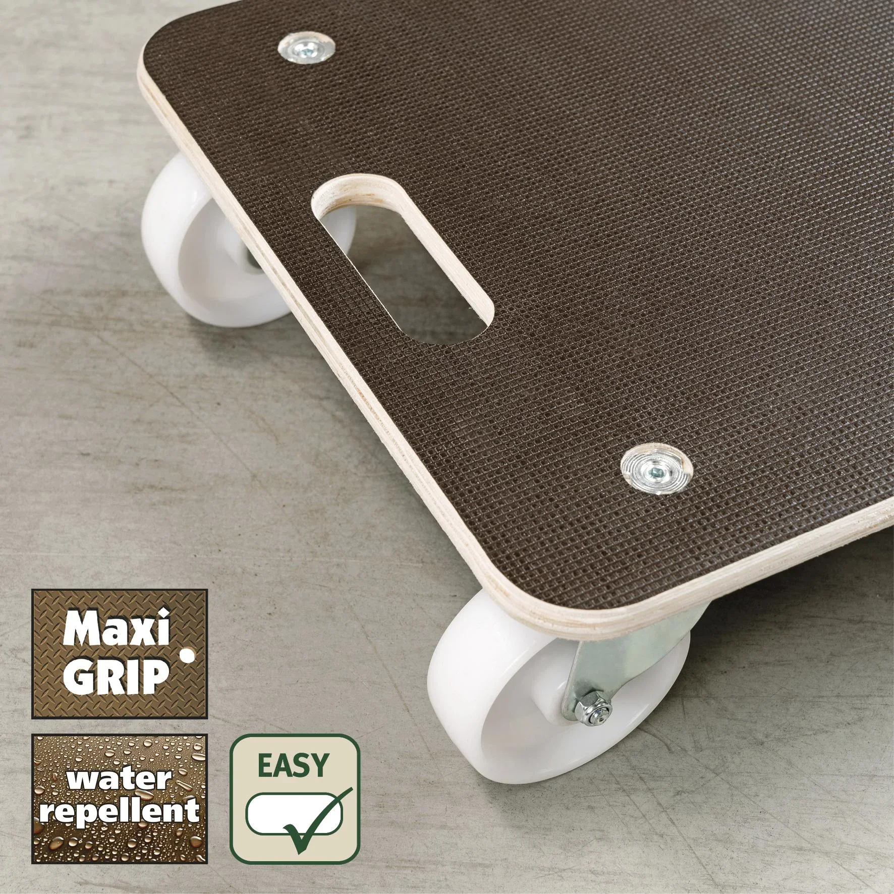 Transporthilfe MM 1614, 59 x 39 x 13,5 cm, harte Rollen Ø 100 mm, Rollenlager, Platte Maxigrip FSC®, 400 kg Tragkraft - 1
