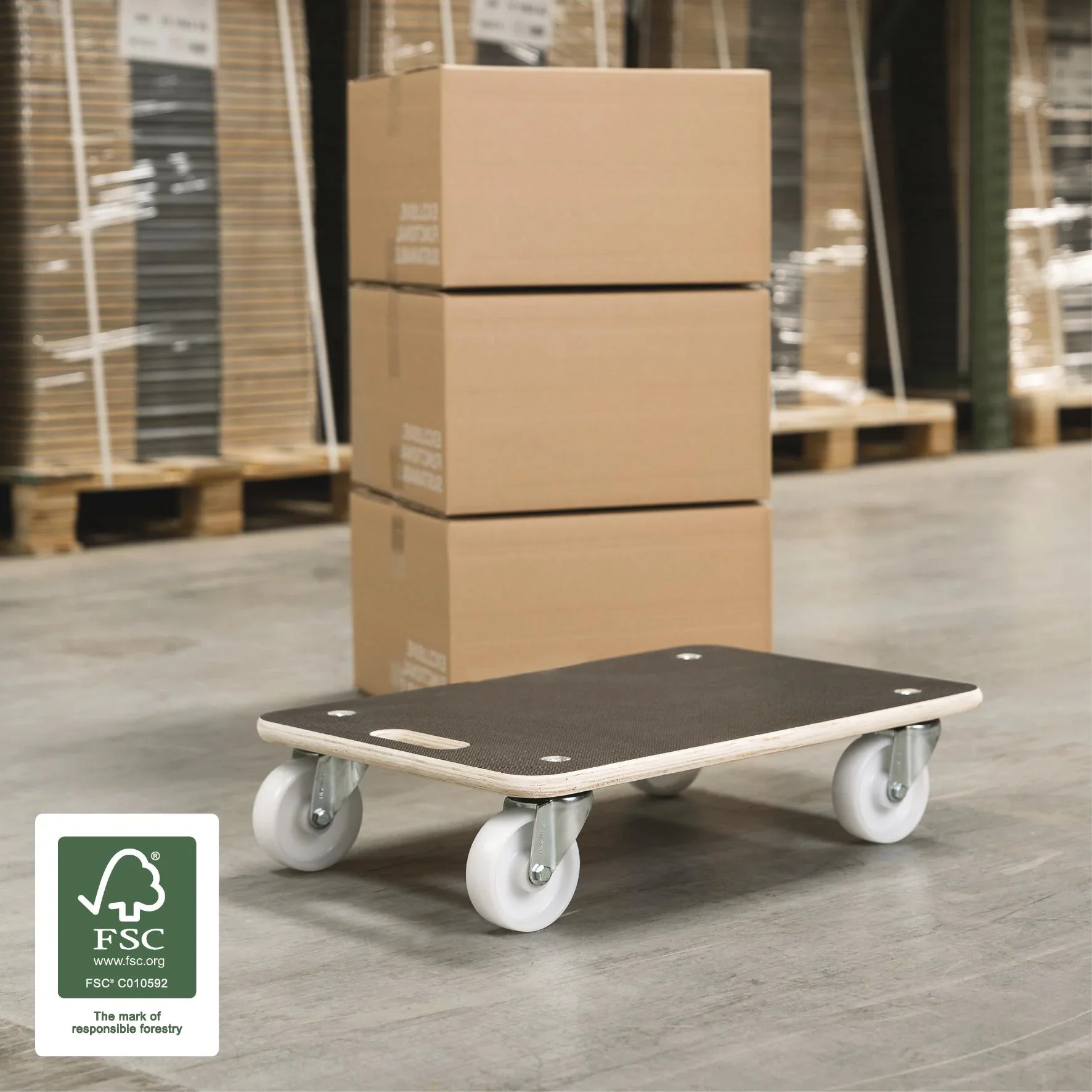 Transporthilfe MM 1614, 59 x 39 x 13,5 cm, harte Rollen Ø 100 mm, Rollenlager, Platte Maxigrip FSC®, 400 kg Tragkraft - 3