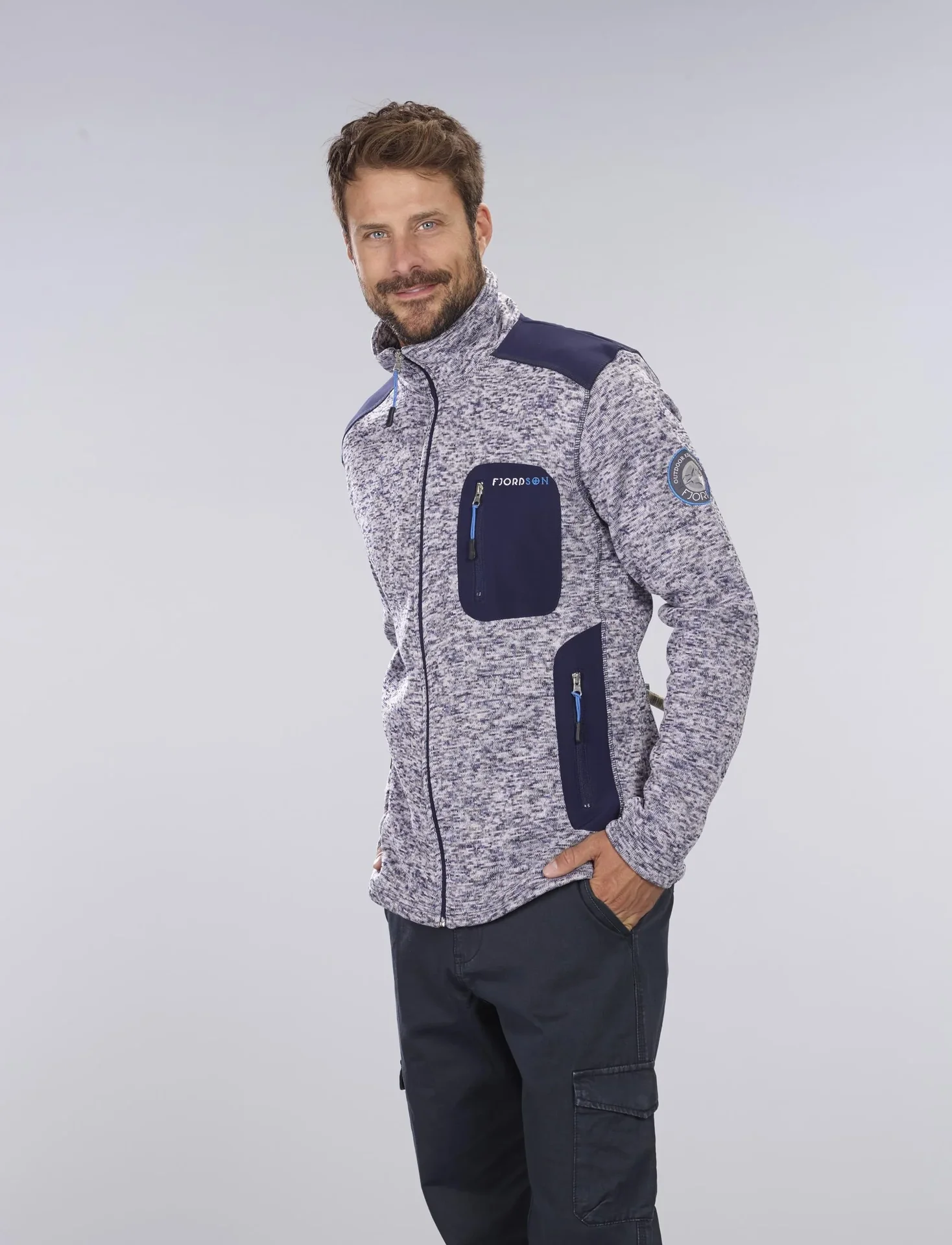 Strickfleece Jacke mit Reißverschluß, Farbe marine/grau melange, Gr. M - 1