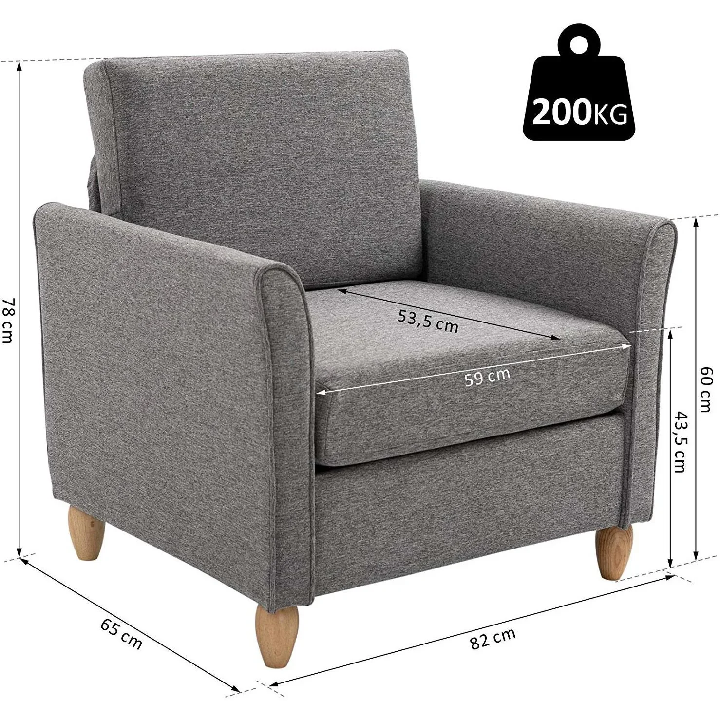 Einzelsofa Polsterstuhl abnehmbar mit Kissen 200 kg-Belastbarkeit Leinenbezüge Schaumstoff Hellgrau 82 x 65 x 78 cm - 0