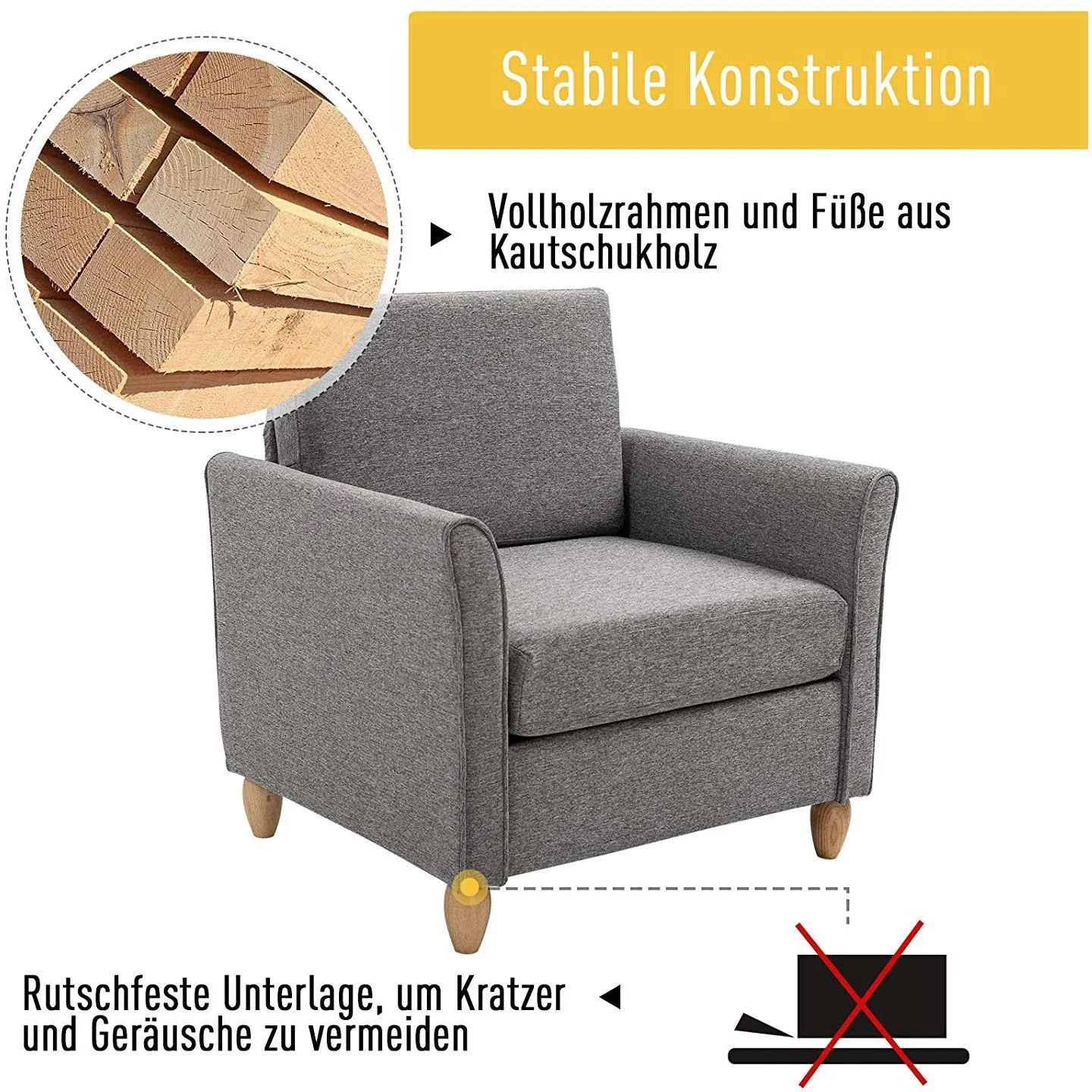Einzelsofa Polsterstuhl abnehmbar mit Kissen 200 kg-Belastbarkeit Leinenbezüge Schaumstoff Hellgrau 82 x 65 x 78 cm - 3