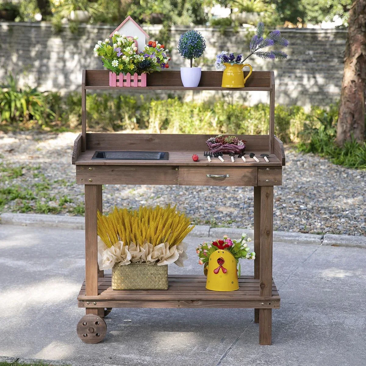 Pflanztisch mit Schublade 2 Stufen Gärtnertisch mit waschbecken und Rollen Garten Tannenholz Braun 92 x 45 x 119 cm - 2