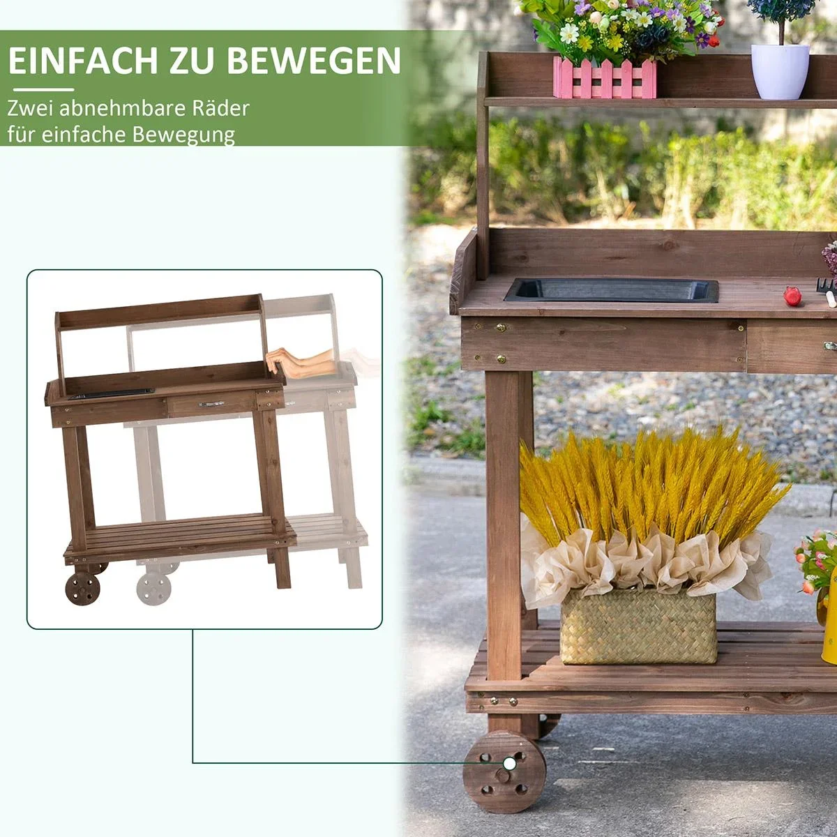 Pflanztisch mit Schublade 2 Stufen Gärtnertisch mit waschbecken und Rollen Garten Tannenholz Braun 92 x 45 x 119 cm - 3