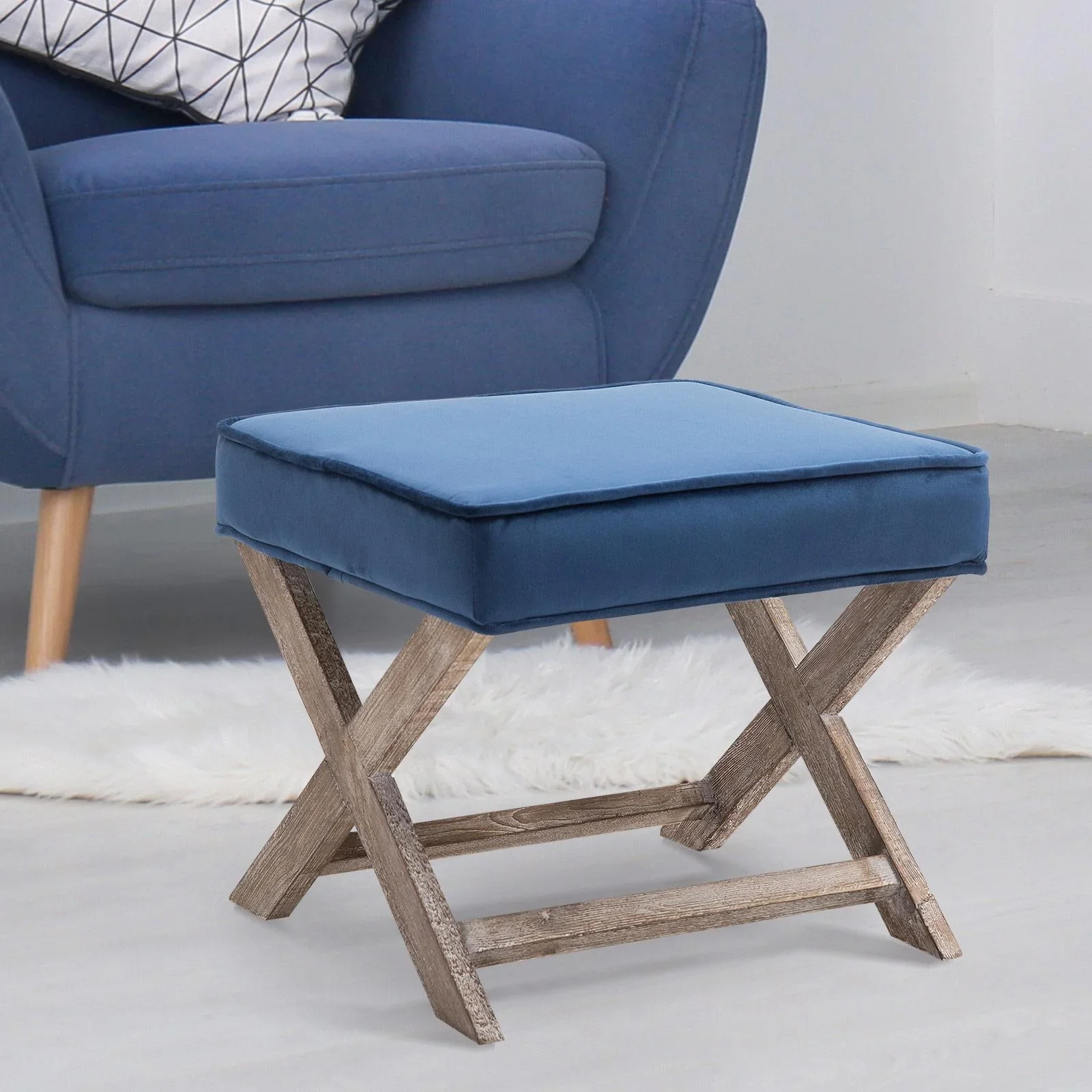 Fußhocker Sitzhocker Fußbank Sitzbank Chesterfield Polsterhocker Fußablage Samt blau 49,5 x 45 x 41 cm - 1