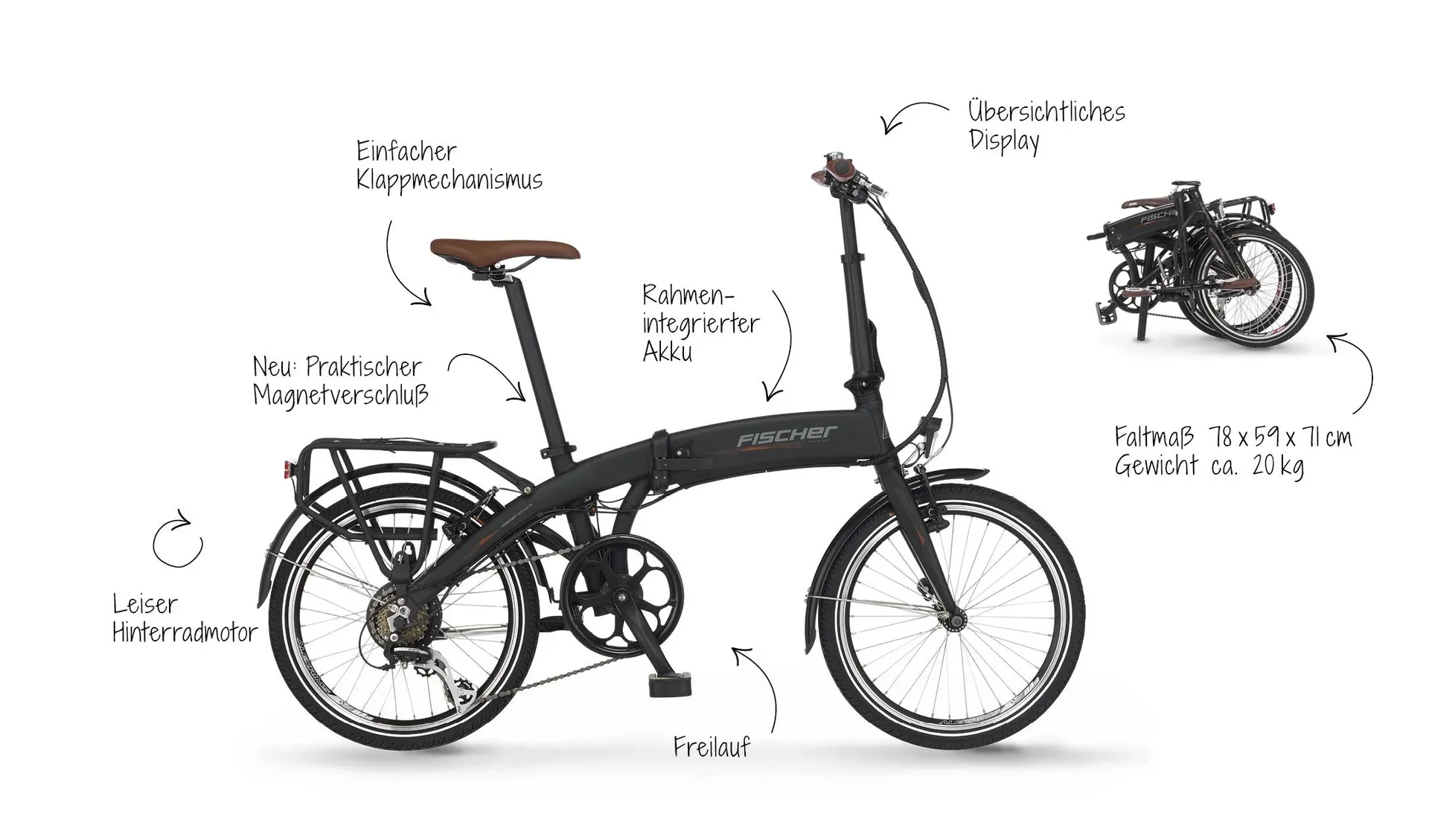 Unisex E-Bike Faltrad, 20 Zoll, Rahmengröße 30 cm, 7-Gang Kettenschaltung, schwarz matt, FR18 - 1