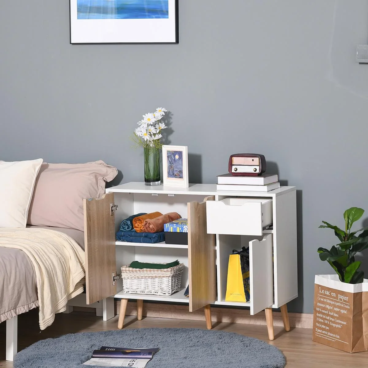 Sideboard mit Schrank und Schubladen Kommode Nachttisch Beistellschrank im skandinavischen Design viel Stauraum MDF Span - 2