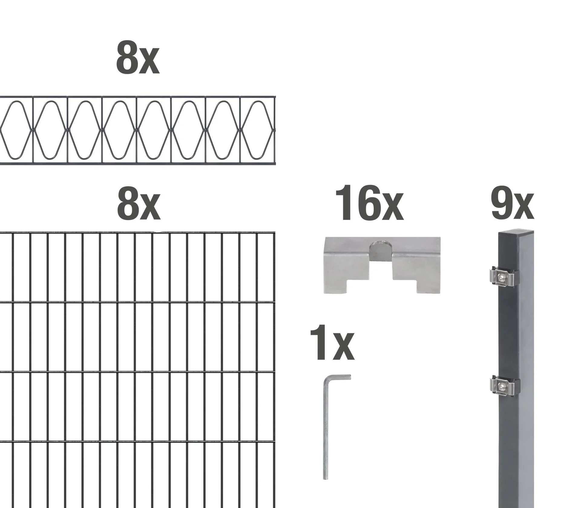 Doppelstabmattenzaun Sets anthrazit mit Dekorelement "Eleganz", Länge: 16 m, Höhe: 160 cm - 0