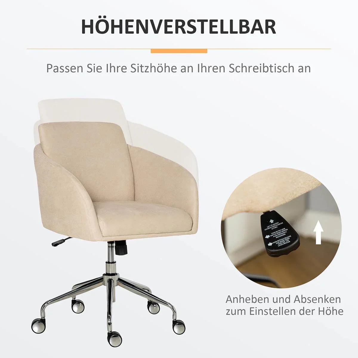 Bürostuhl mittelhoch Schreibtischstuhl Drehstuhl ergonomischer Computerstuhl höhenverstellbar Smat-Touch Metall Beige 64 - 0