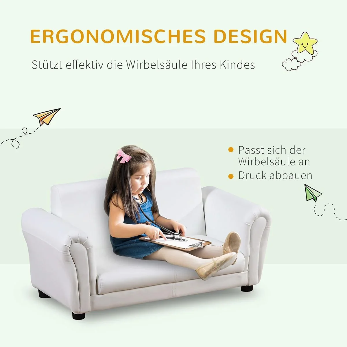 Kindersessel mit Fußhocker, Kindercouch mit Hocker, Kindersofa, Sofa Sessel, Weiß - 0