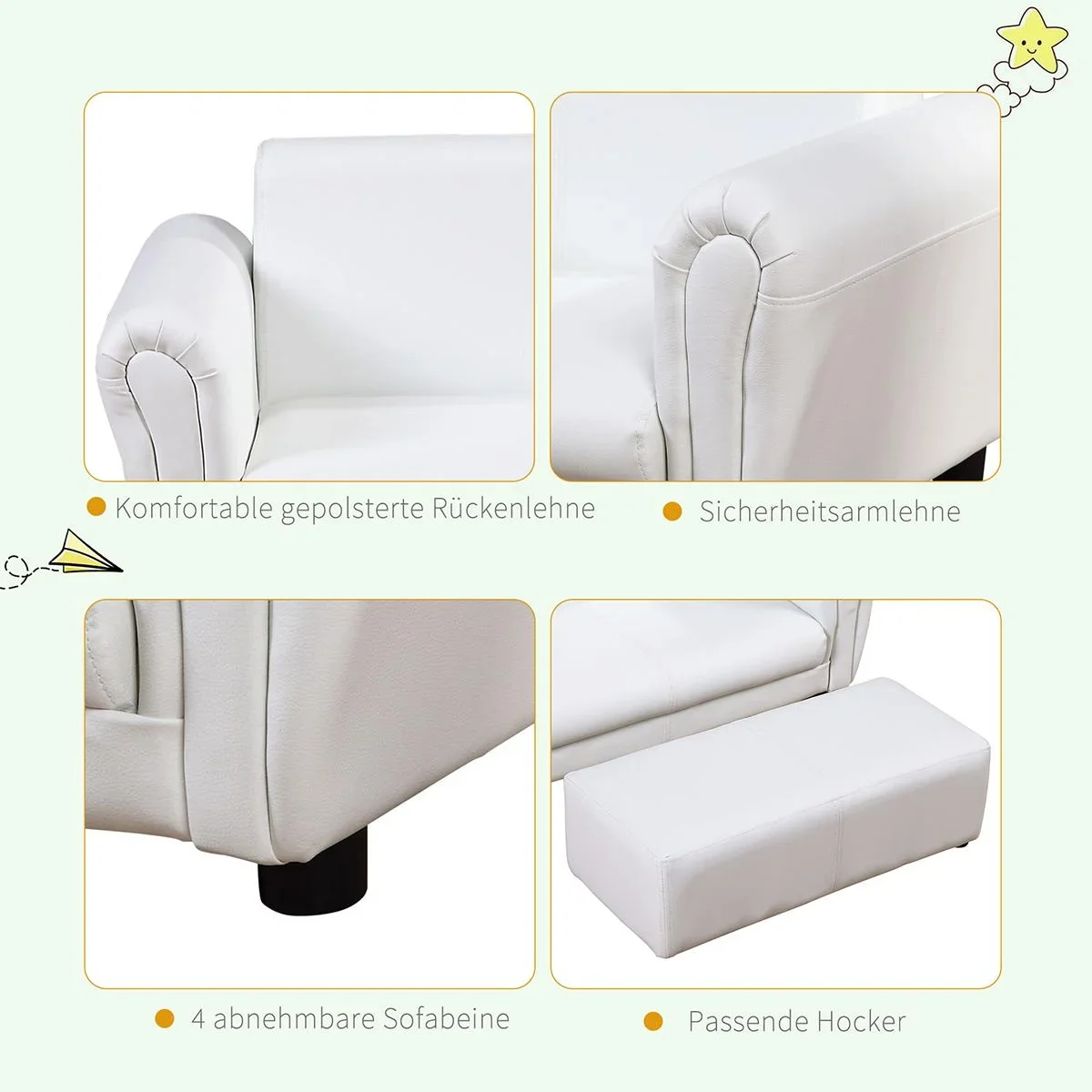 Kindersessel mit Fußhocker, Kindercouch mit Hocker, Kindersofa, Sofa Sessel, Weiß - 3
