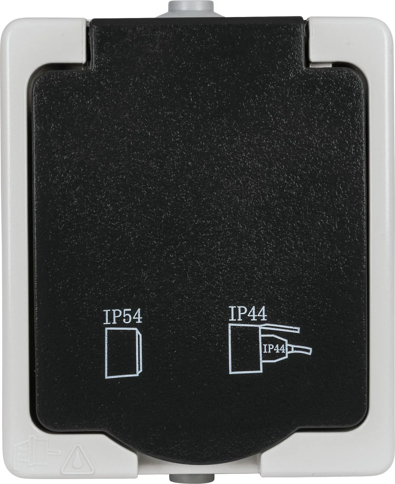 Aufputz-Feuchtraum Schutzkontakt Steckdose 1-fach mit Klappdeckel, 2-polig - 0