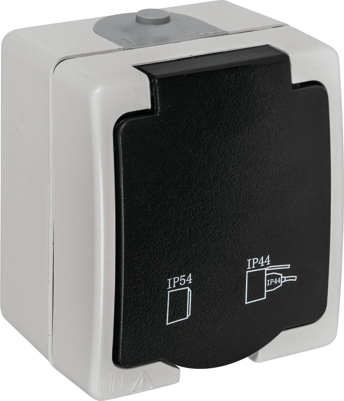 Aufputz-Feuchtraum Schutzkontakt Steckdose 1-fach mit Klappdeckel, 2-polig - 1
