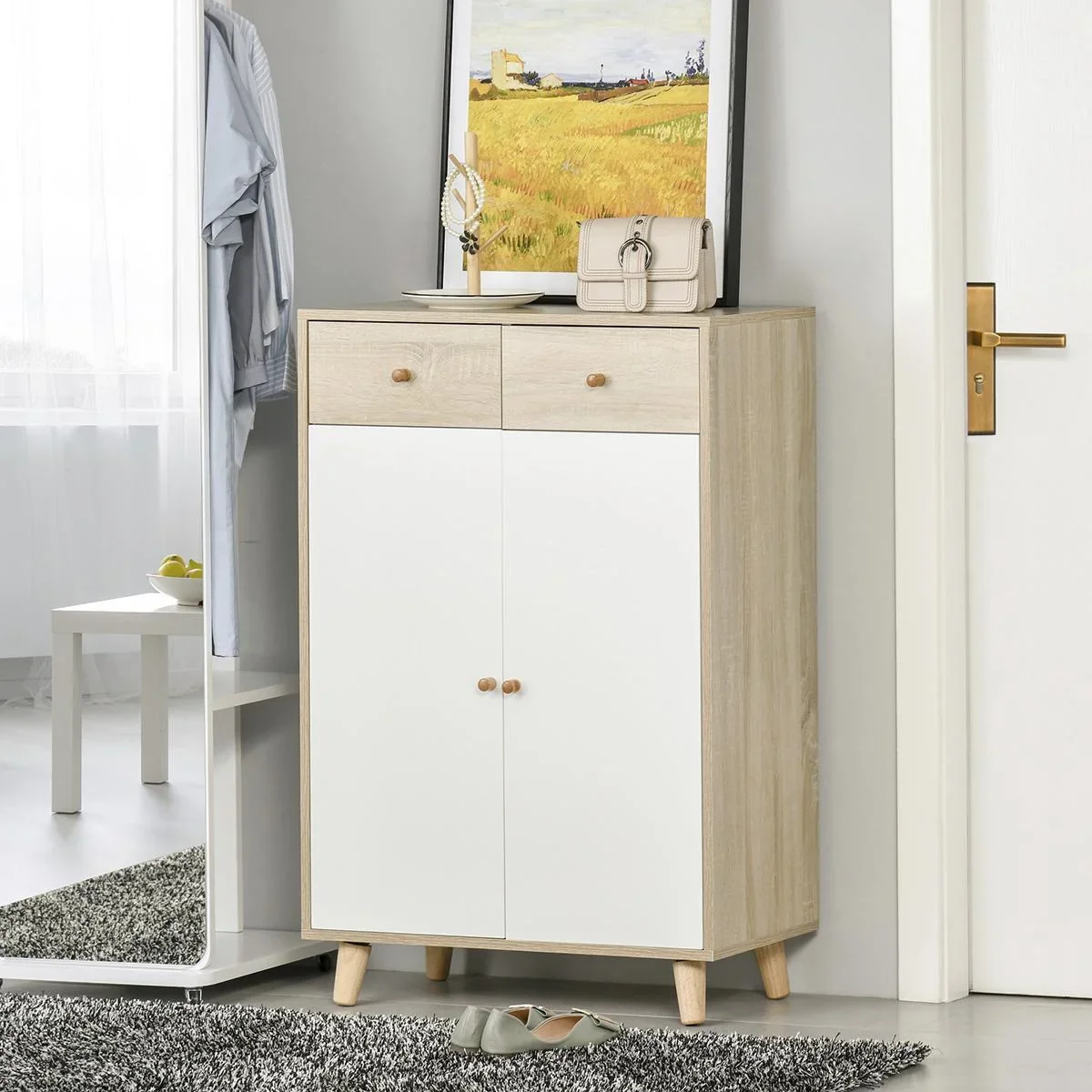 Schuhschrank Schuhregal mit Türen Schublade für Flur und Eingangsbereich moderner Natur+Weiß MDF 68 x 35 x 102,5 cm Schu - 0