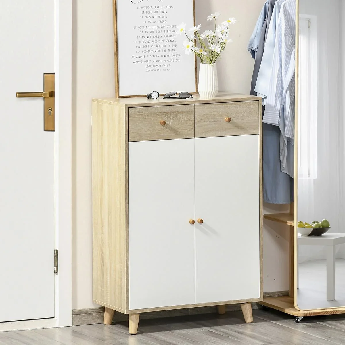 Schuhschrank Schuhregal mit Türen Schublade für Flur und Eingangsbereich moderner Natur+Weiß MDF 68 x 35 x 102,5 cm Schu - 1