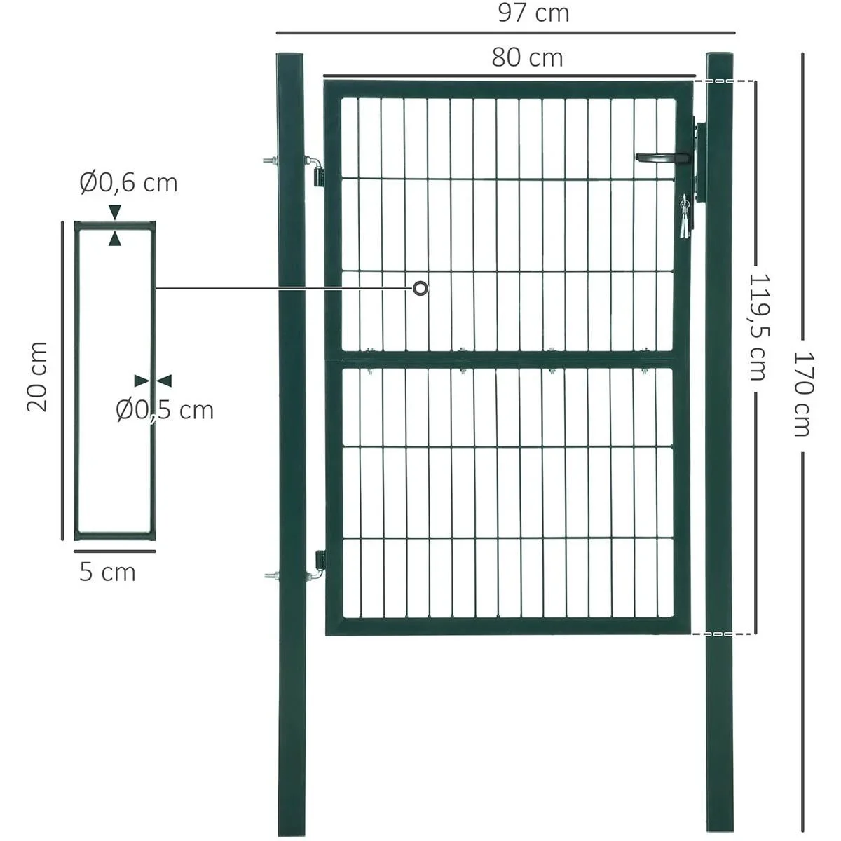 Gartentor Gartentür Zauntor Hoftür aus Stahl mit Griff Schloss und Schlüsseln 97 x 170 cm Grün - 2