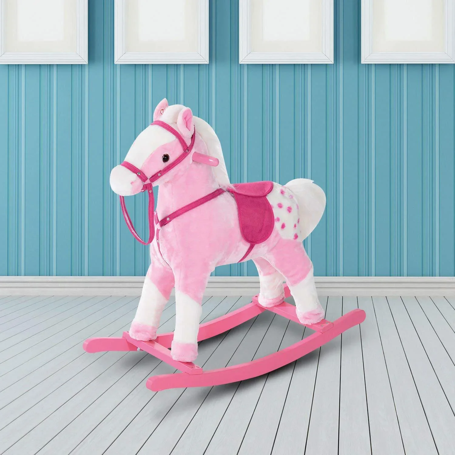 Schaukelpferd Kinder Schaukeltier Schaukelspielzeug Wiehern Pink - 4