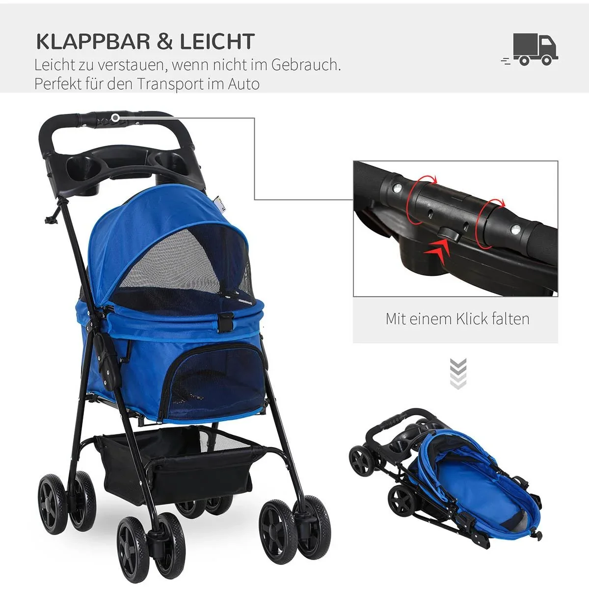 Hundebuggy mit Klappfunktion Hundewagen Buggy für Hunde und Katzen Haustierwagen Katzenbuggy Oxford Blau 67 x 45 x 96 cm - 0