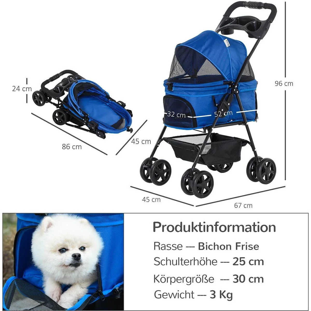 Hundebuggy mit Klappfunktion Hundewagen Buggy für Hunde und Katzen Haustierwagen Katzenbuggy Oxford Blau 67 x 45 x 96 cm - 1