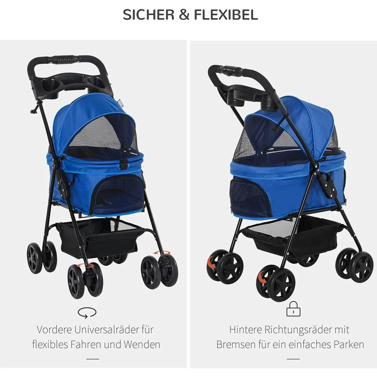 Hundebuggy mit Klappfunktion Hundewagen Buggy für Hunde und Katzen Haustierwagen Katzenbuggy Oxford Blau 67 x 45 x 96 cm - 3