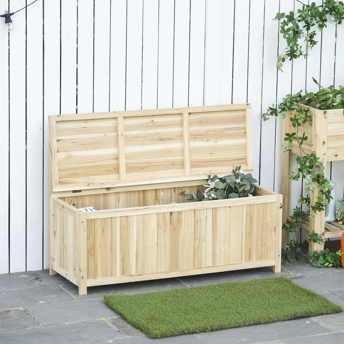 Gartenbank mit Stauraum Truhenbank Sitzbank 2-Sitzer 250 kg Belastbarkeit Natur Tanneholz 115 x 45 x 75 cm - 0