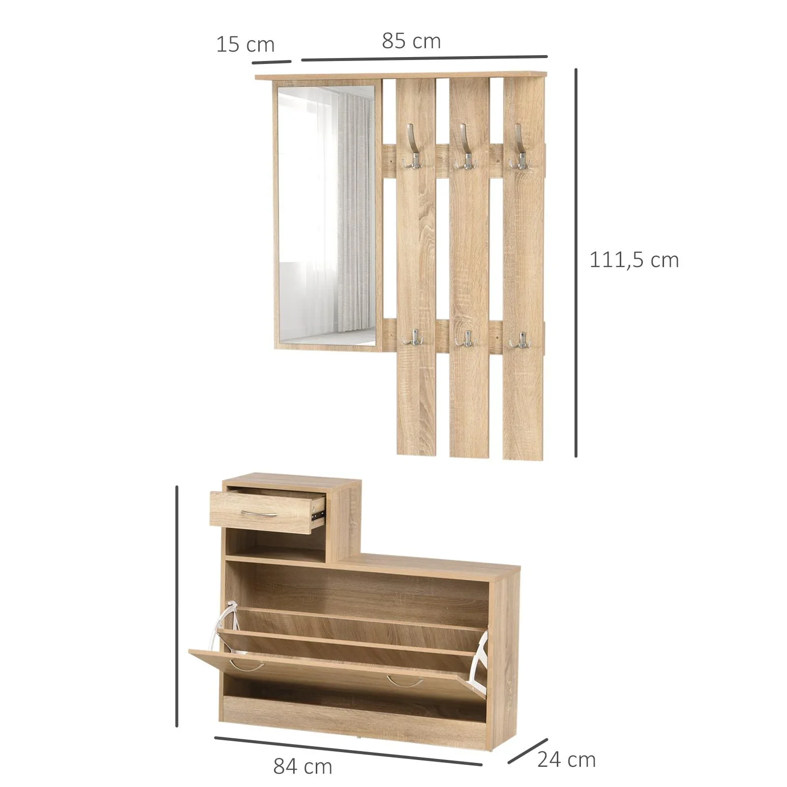 Kleiderschrankset 3-in-1, Garderobe mit Schuhschrank und Wandspiegel - 0
