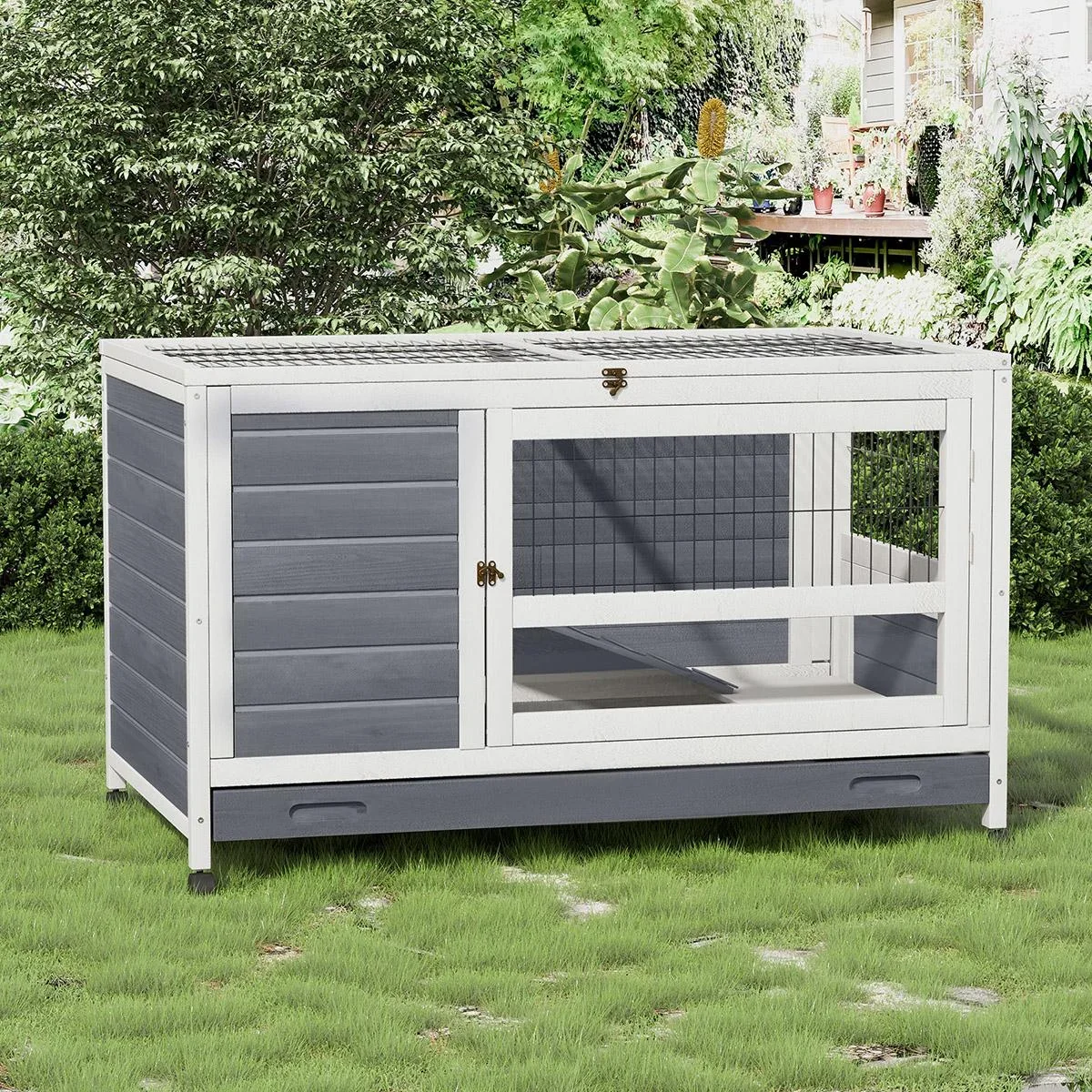 Kaninchenstall mit Rädern Doppelstöckiger Massivholz Grau+Weiß 102 x 60 x 63,5 cm - 1