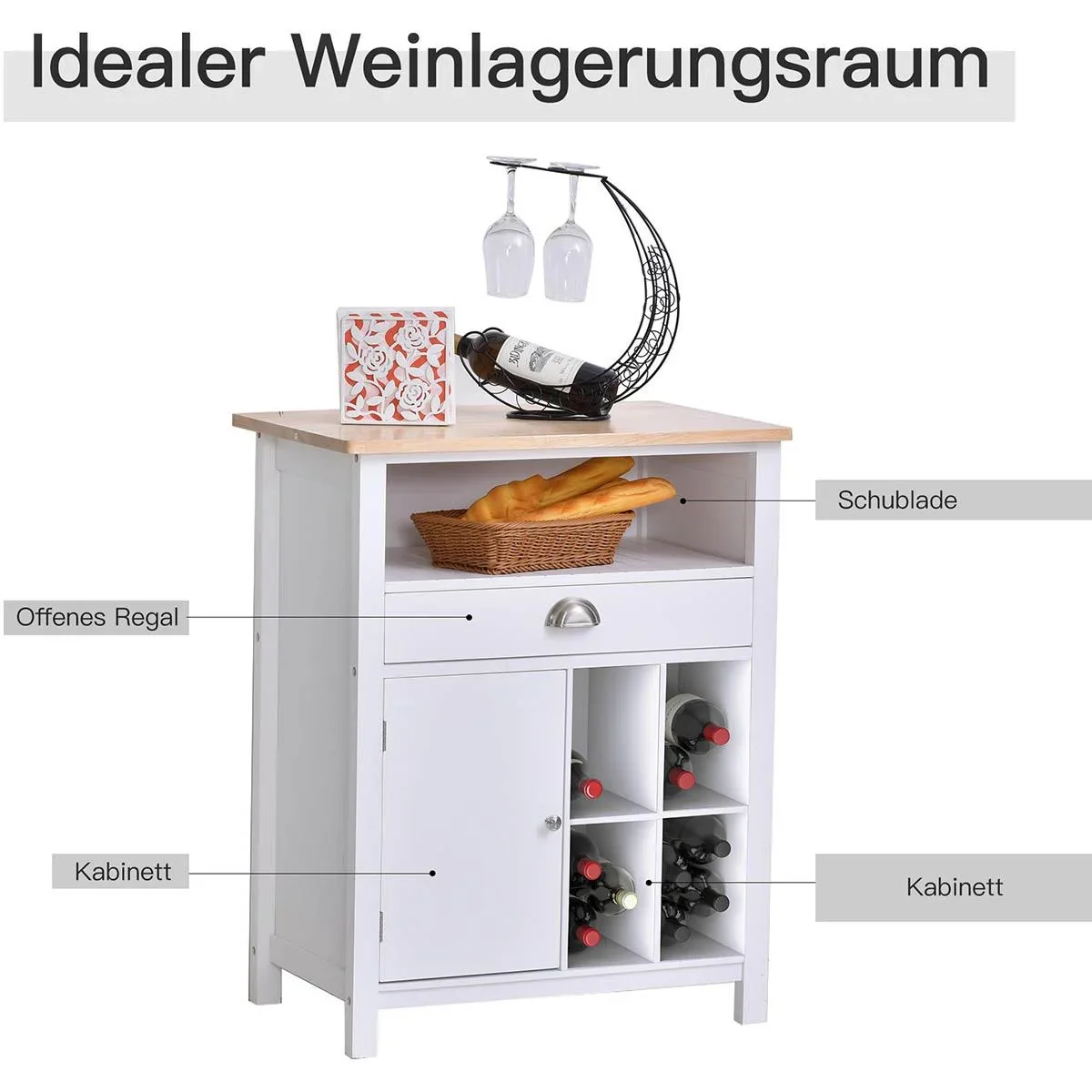 Küchenschrank Beistellschrank Kommode Schrank Sideboard Badezimmerschrank mit Schublade und Weinregal Weiß, 70 x 45 x 88 - 0