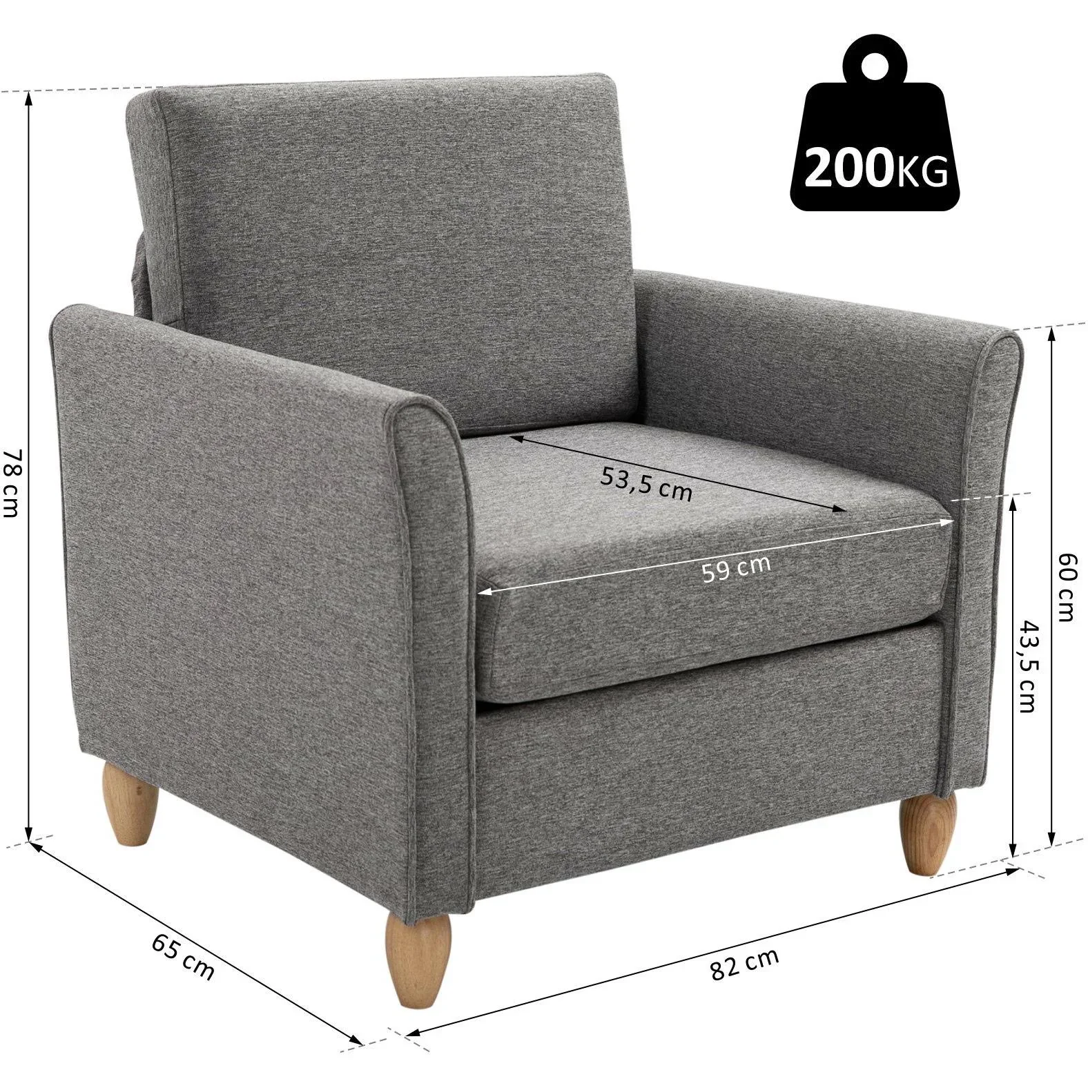 Polstersessel Sessel mit Armlehnen + Kissen Leinen Hellgrau 200 kg Belastbarkeit - 1