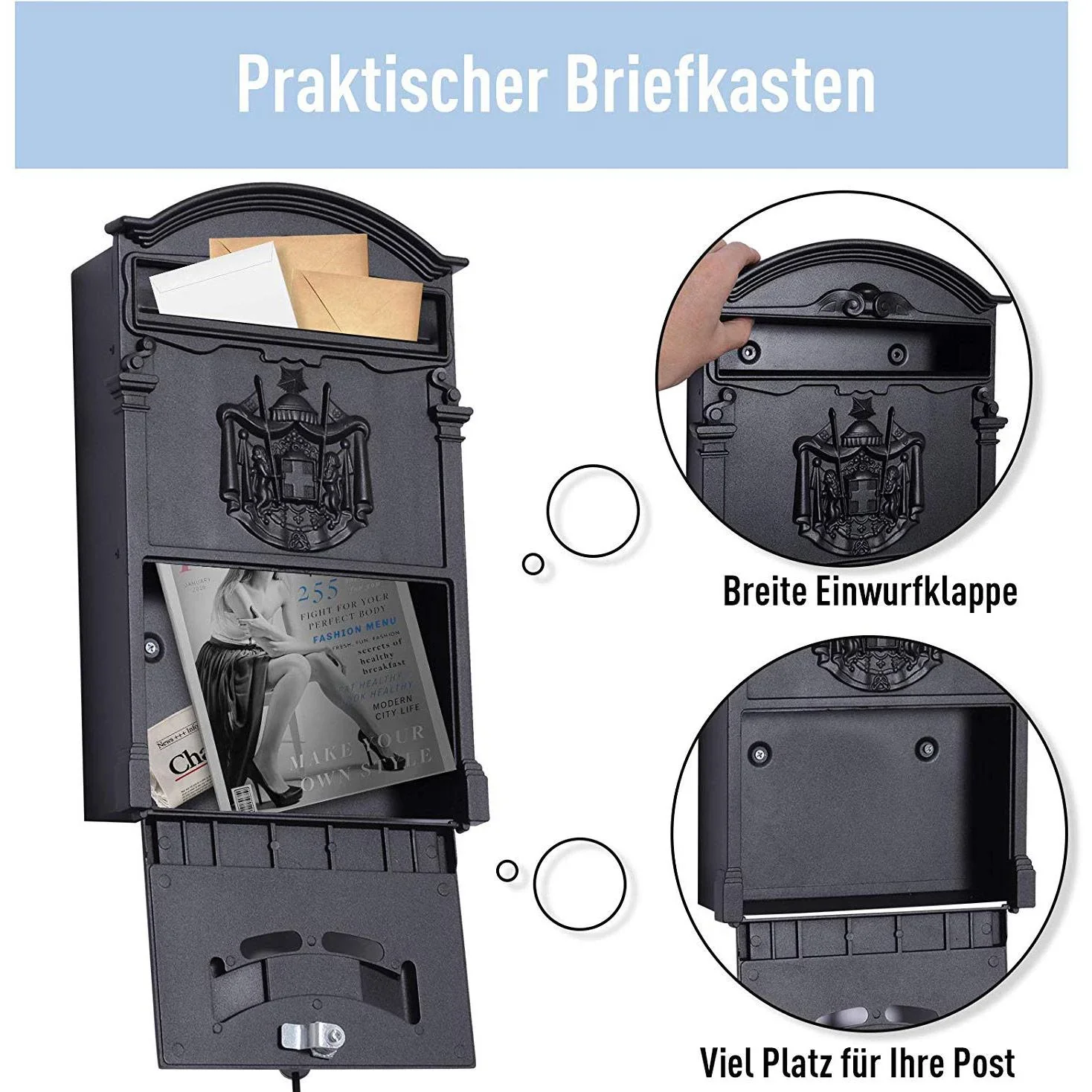 Postkasten Briefkasten abschließbar mit Schutzklappe inkl. 2 Schlüssel Aluminium Schwarz 25,5 x 8,5 x 41 cm - 1