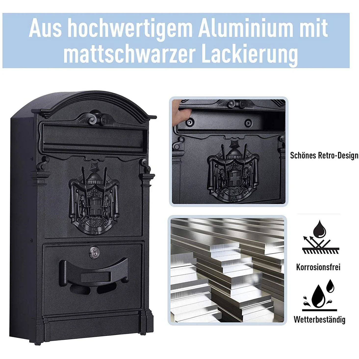 Postkasten Briefkasten abschließbar mit Schutzklappe inkl. 2 Schlüssel Aluminium Schwarz 25,5 x 8,5 x 41 cm - 2