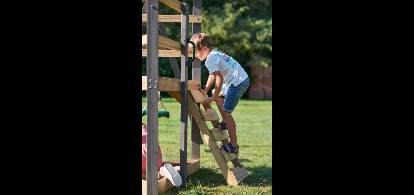 Holz Spielgerüst Barbary, Outdoor-Klettergerüst für Kinder, Doppelschaukel, Rutsche, Leiter, Sandkasten, anthrazit - 1