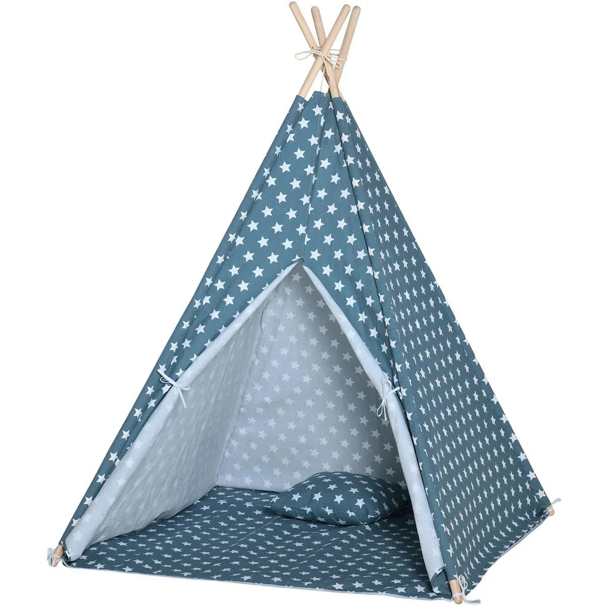 Tipi-Zelt für Kinder mit Bodenmatte und Kopfkissen, Blau+Weiß, 120 x 120 x 155 cm - 0
