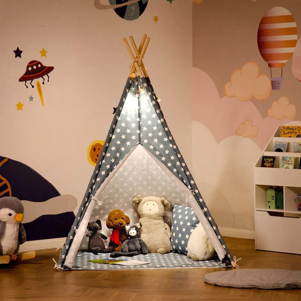 Tipi-Zelt für Kinder mit Bodenmatte und Kopfkissen, Blau+Weiß, 120 x 120 x 155 cm - 2