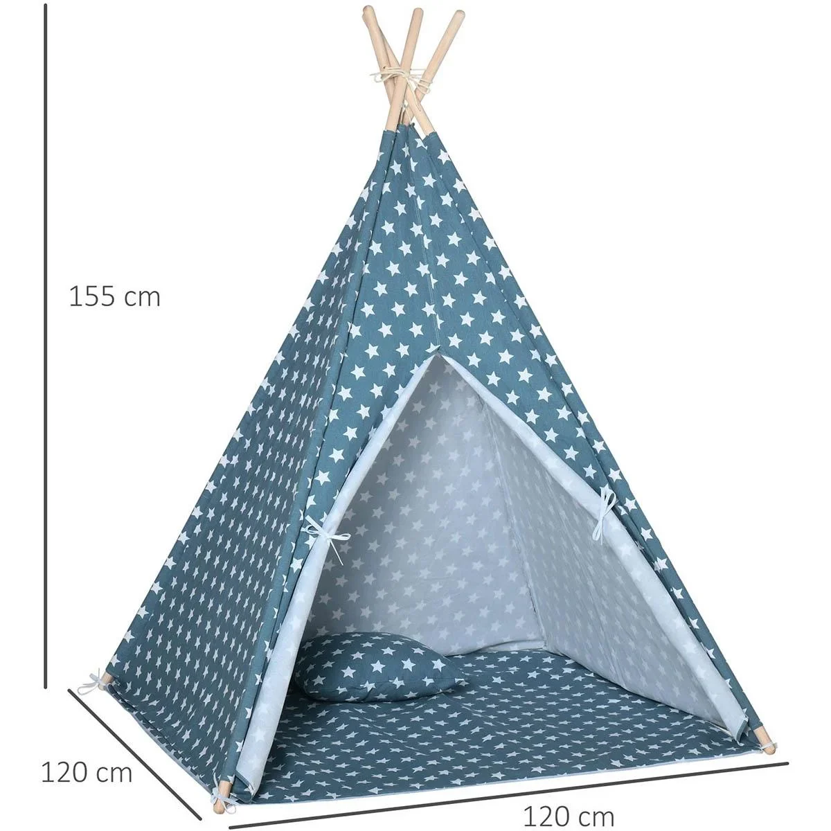 Tipi-Zelt für Kinder mit Bodenmatte und Kopfkissen, Blau+Weiß, 120 x 120 x 155 cm - 3