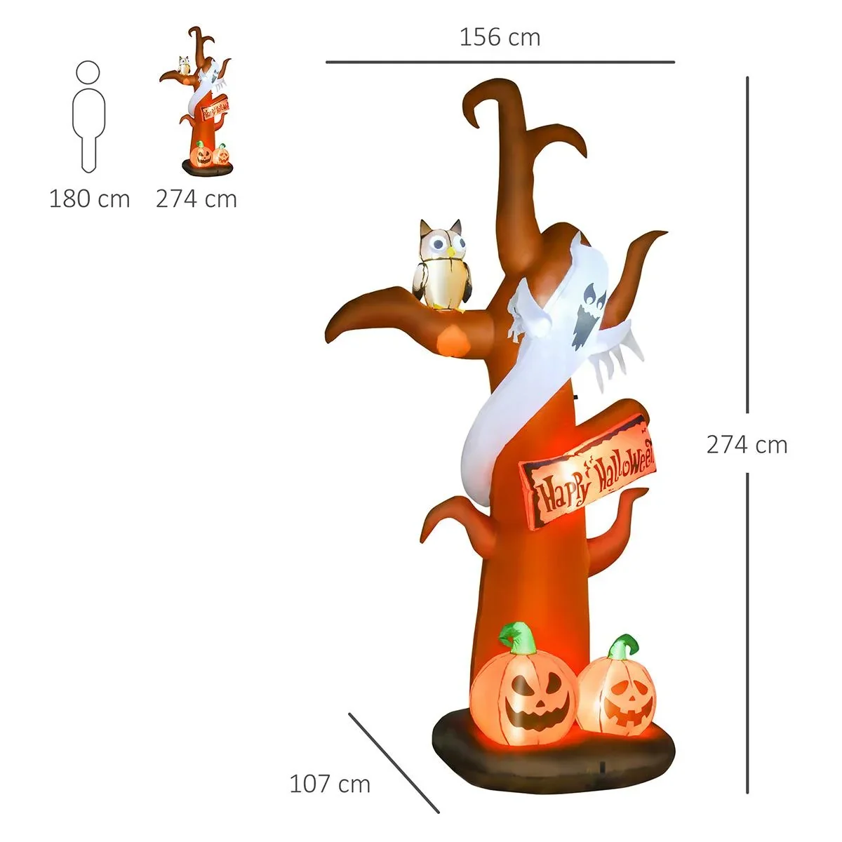 Aufblasbarer Halloween Baum Kürbis Deko Figur Luftfigur mit LED Beleuchtung Polyester Braun 156 x 107 x 274 cm - 0