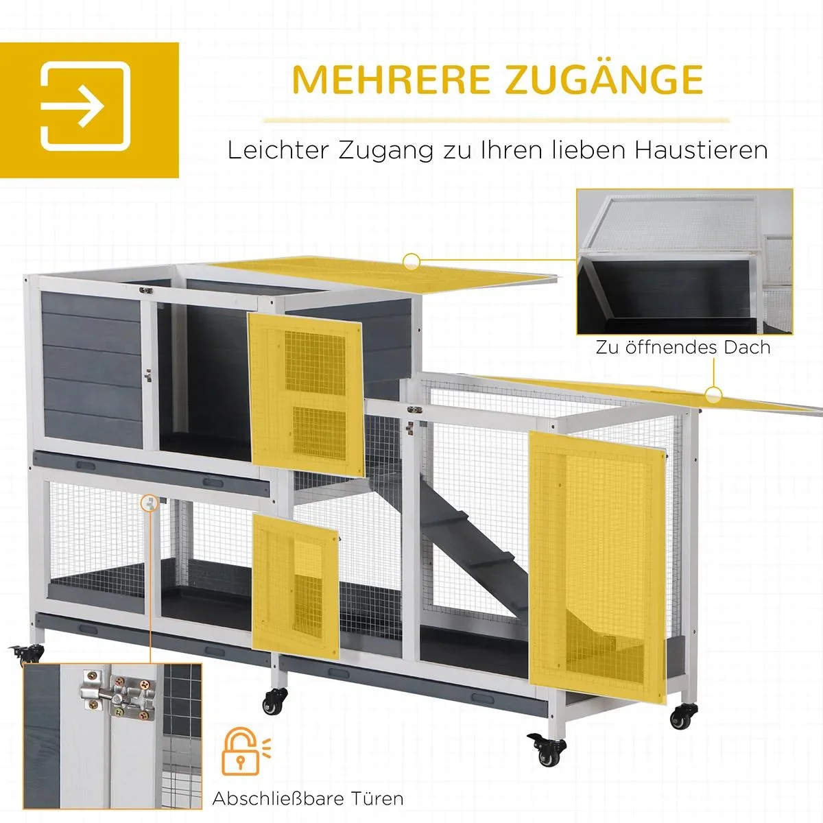 Zwergkaninchenstall mit 6 Rädern öffenbarem Dach abschließbarer Tür Tannenholz Grau+Weiß 147 x 45,5 x 88,5 cm - 2