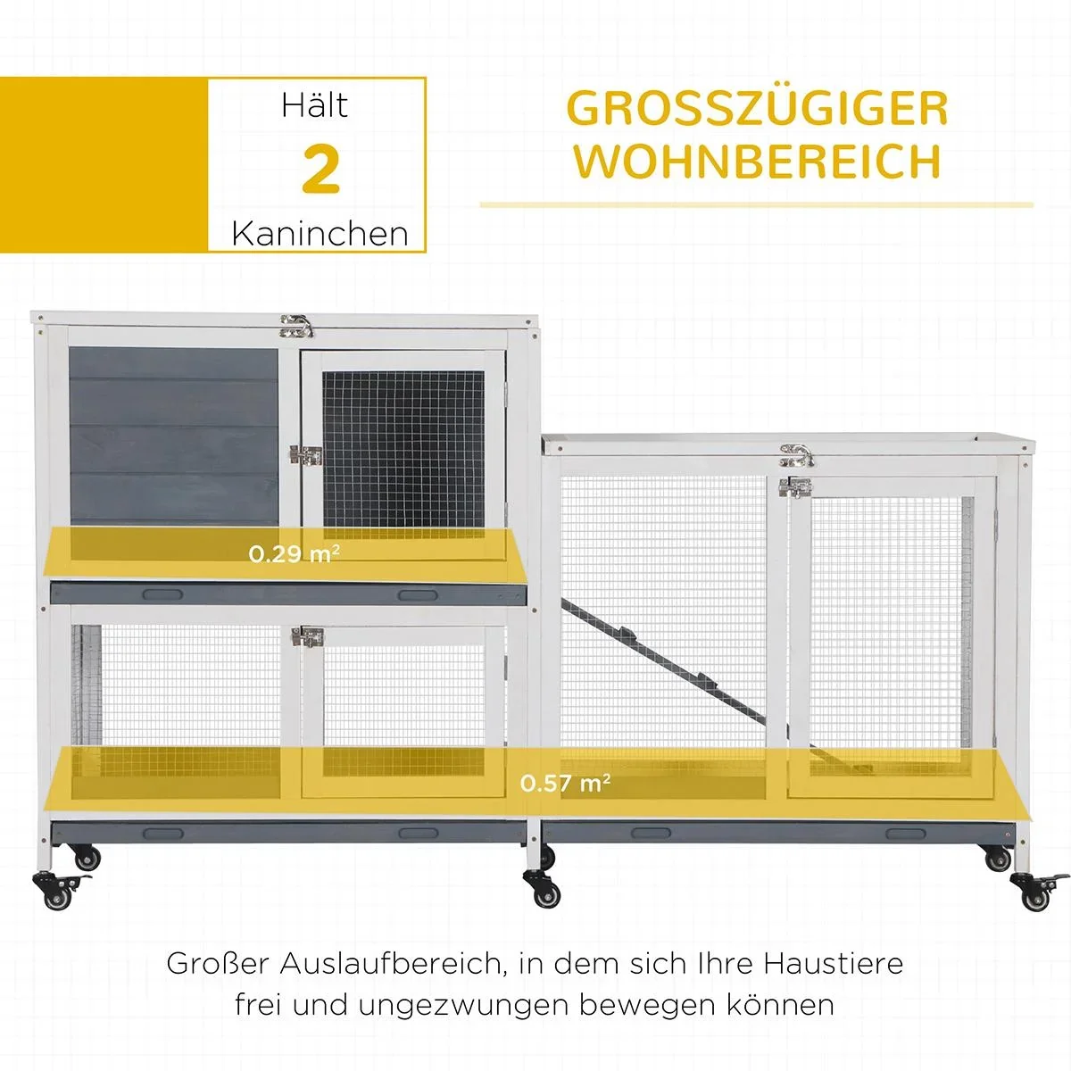 Zwergkaninchenstall mit 6 Rädern öffenbarem Dach abschließbarer Tür Tannenholz Grau+Weiß 147 x 45,5 x 88,5 cm - 3