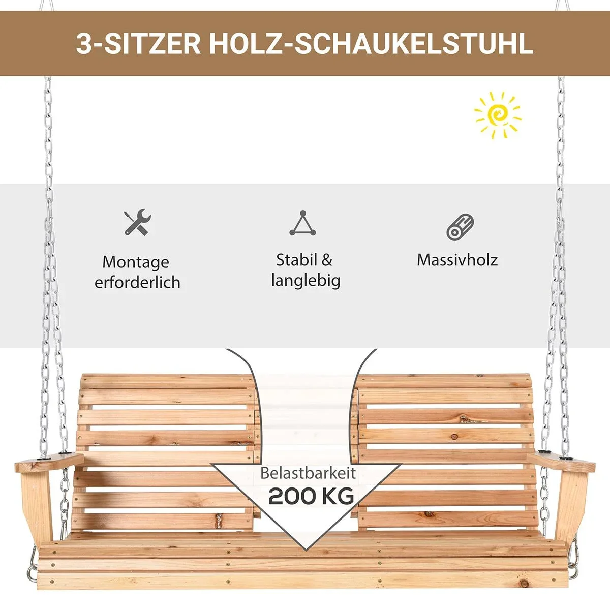 Hängebank Gartenschaukel Schaukelbank mit faltbarem Couchtisch für 2-3 Personen Tannenholz Patio Terrasse Hinterhof komf - 3