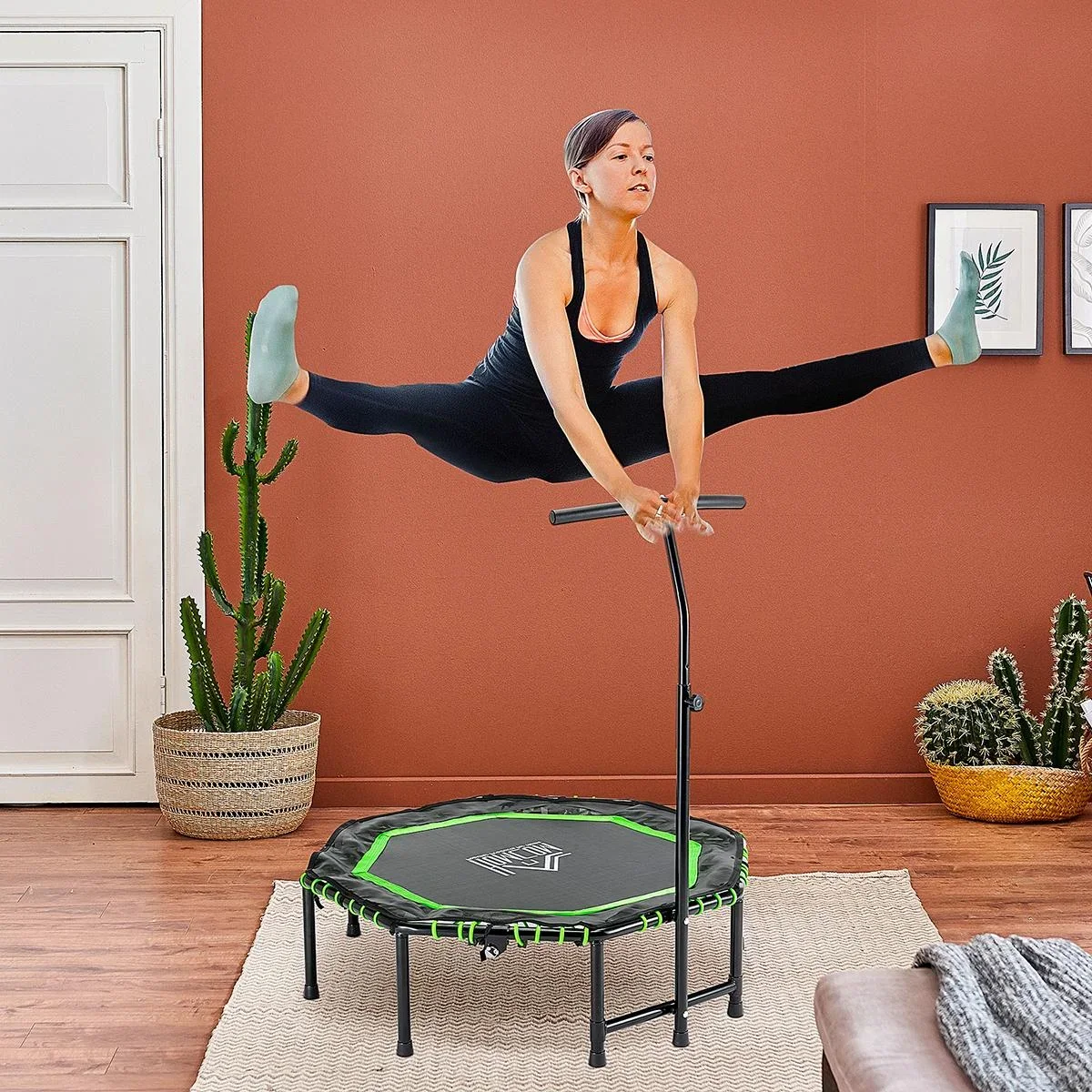 Fitness-Trampolin mit verstellbarem Griff klappbar Trampolin für Kinder und Erwachsene Gartentrampolin Stahl Grün+Schwar - 2