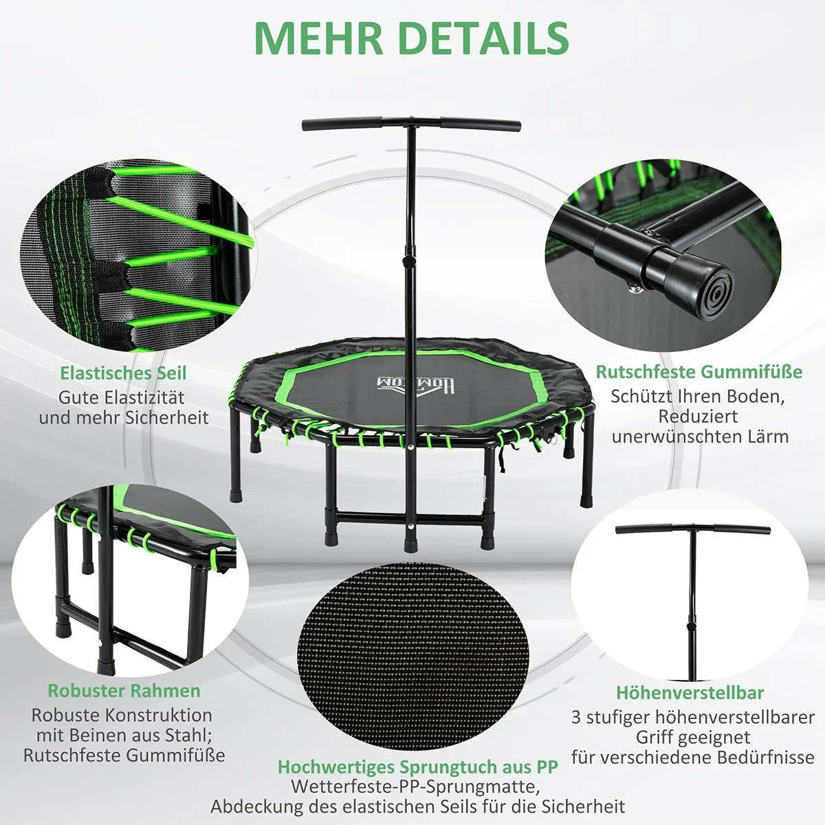 Fitness-Trampolin mit verstellbarem Griff klappbar Trampolin für Kinder und Erwachsene Gartentrampolin Stahl Grün+Schwar - 3