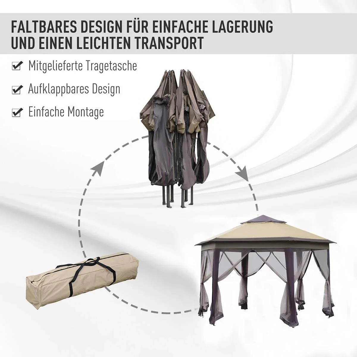 Gartenpavillon Faltpavillon 4 x 4 m Pop-Up-Zelt Partyzelt inkl. Tragetasche 6 Seitenteile Doppeldach sechseckig Kaffee+B - 1