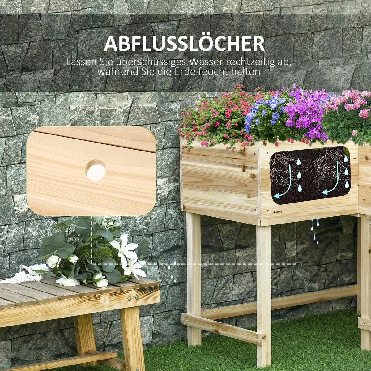 Hochbeet Holz Pflanzkasten mit Bewässerungssystem Vliesstoff Blumenkasten Blumentopf Kräuterbeet Natur 121 x 91 x 81 cm - 1