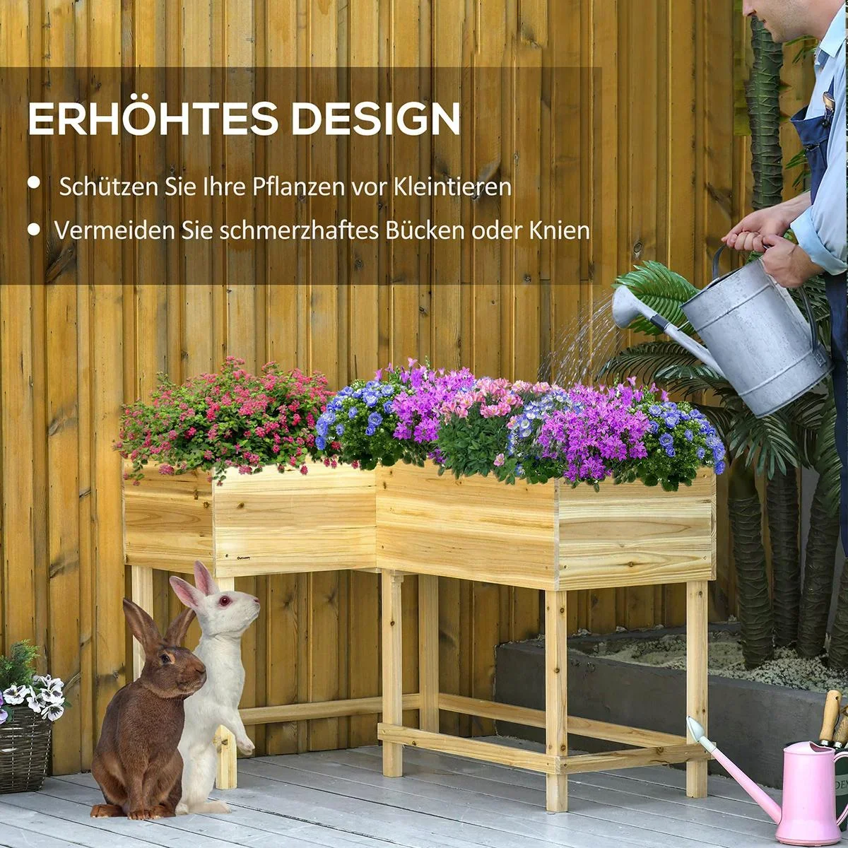 Hochbeet Holz Pflanzkasten mit Bewässerungssystem Vliesstoff Blumenkasten Blumentopf Kräuterbeet Natur 121 x 91 x 81 cm - 2