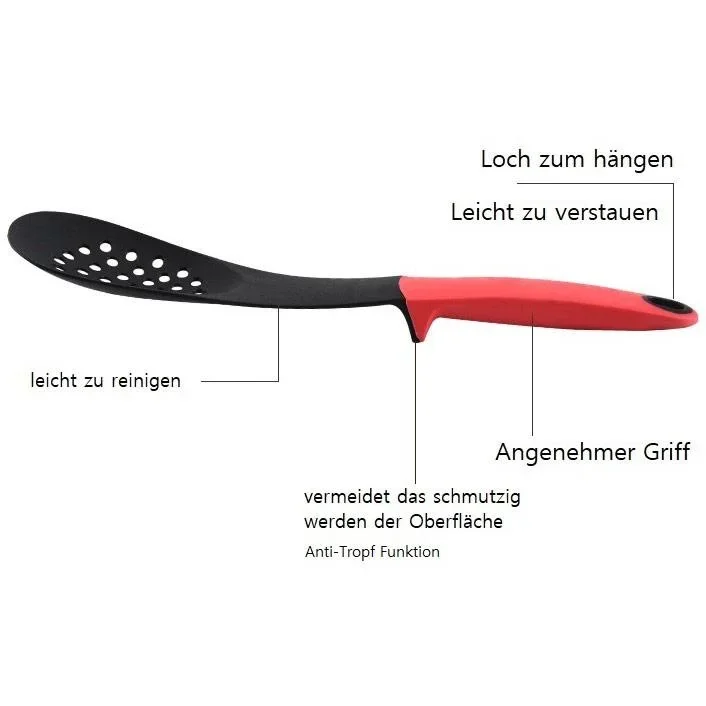 7-teiliges Küchenutensilien-Set - Rot - Servierlöffel, Spatel, Spaghettilöffel, Schöpfkelle, Spatel, Schaumlöffel - 1