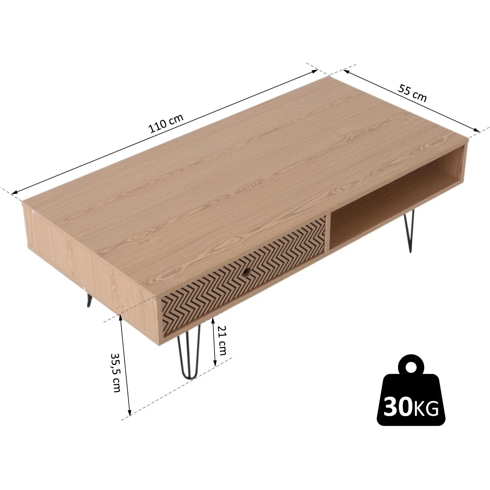 Couchtisch Beistelltisch Sofatisch Fernsehtisch Kaffeetisch mit Schublade Holz Eiche 110 x 55 x 35,5 cm - 3