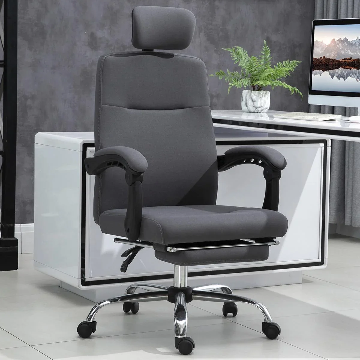 Bürostuhl mit Fußstütze&verstellbarer Kopfstütze, Ergonomisch höhenverstellbar, Grau, 62 x 64,5 x 120-135 cm - 1